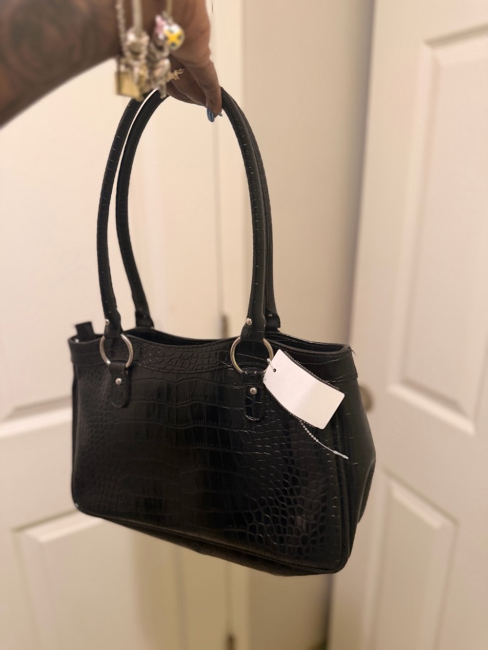 cleo Black Croc-Embossed Shoulder Bag